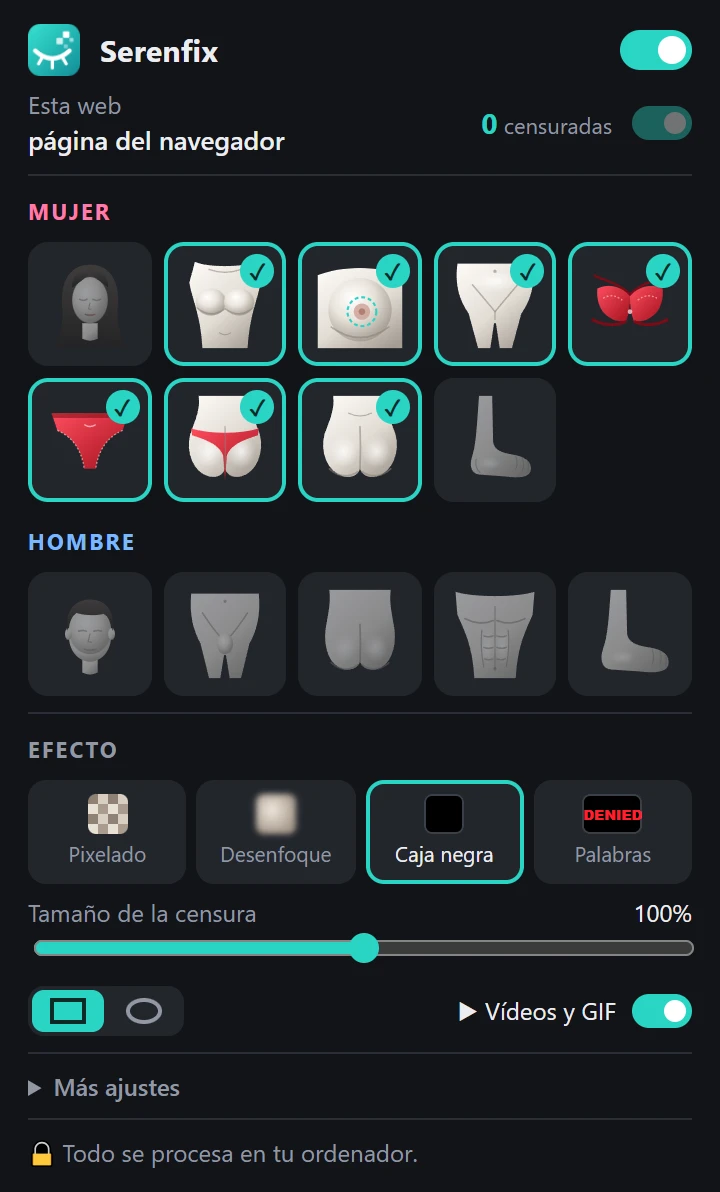 Panel de Serenfix con los filtros por zona del cuerpo, el estilo de censura y el tamaño